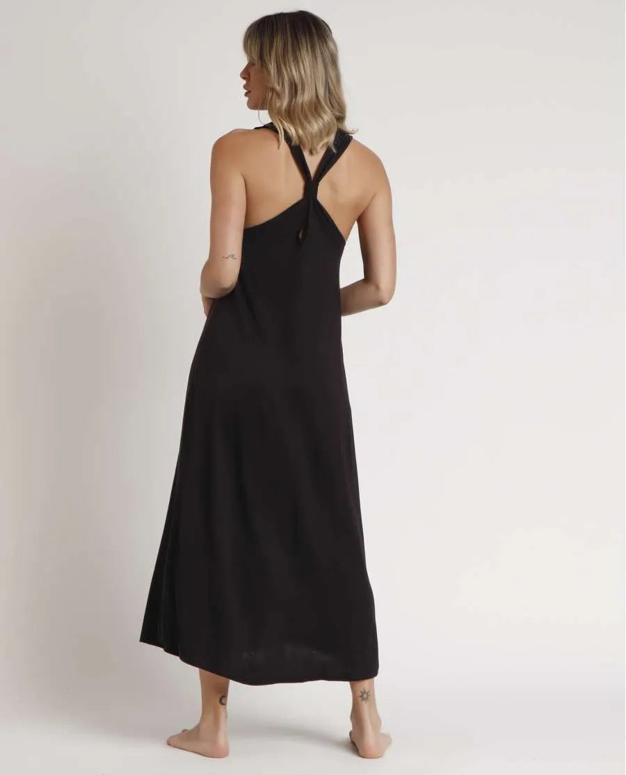 VESTIDO MIDI ANUDADO AL CUELLO BASIC BLACK