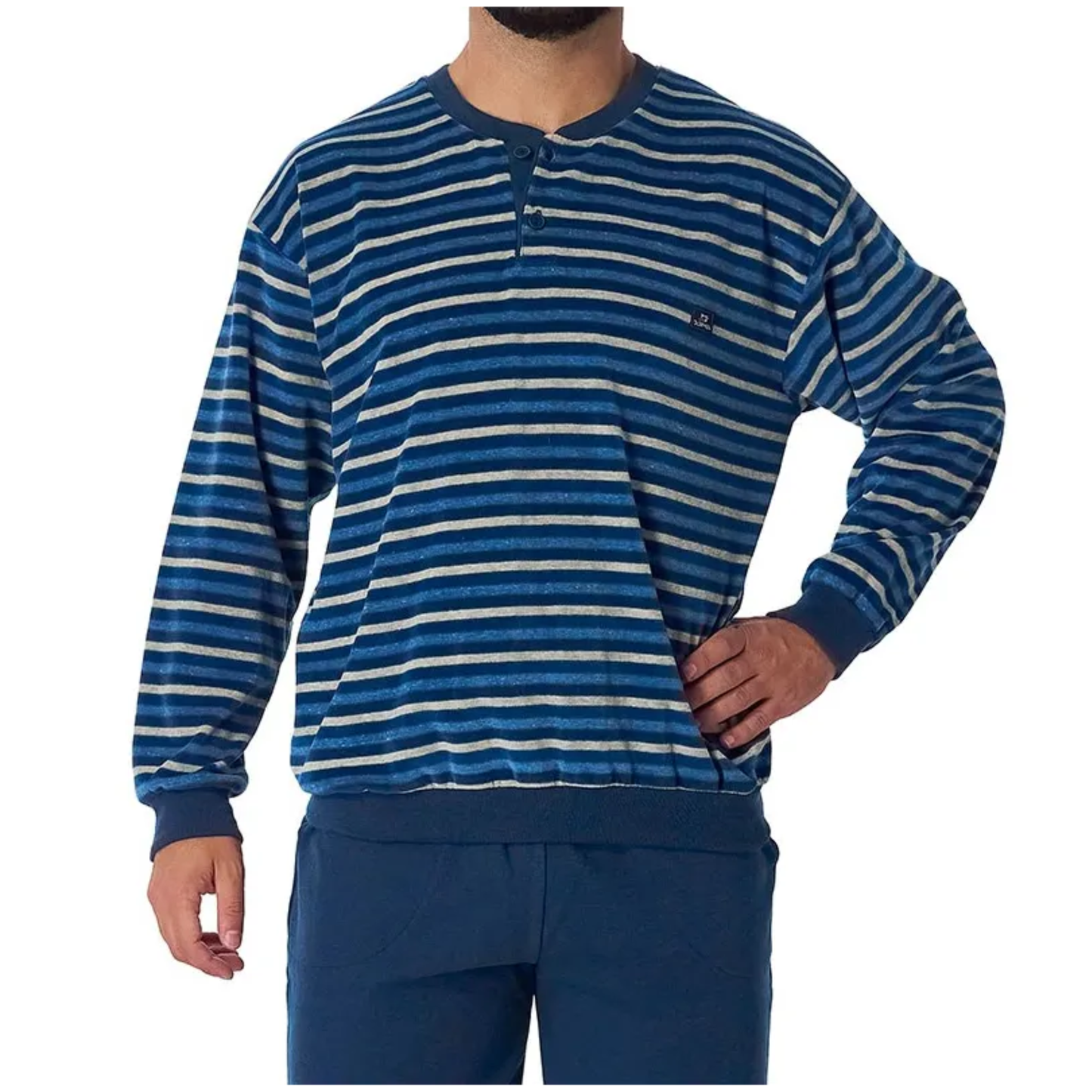 PIJAMA MANGA LARGA HOMBRE TEJIDO AFELPADO A RAYAS