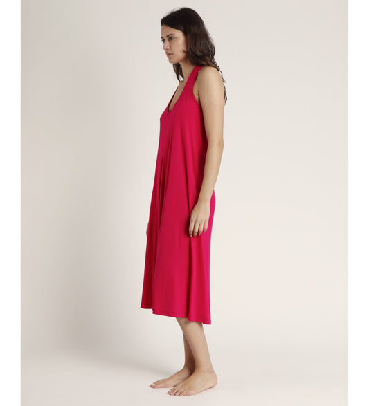 VESTIDO MIDI ANUDADO AL CUELLO BASIC FUCSIA