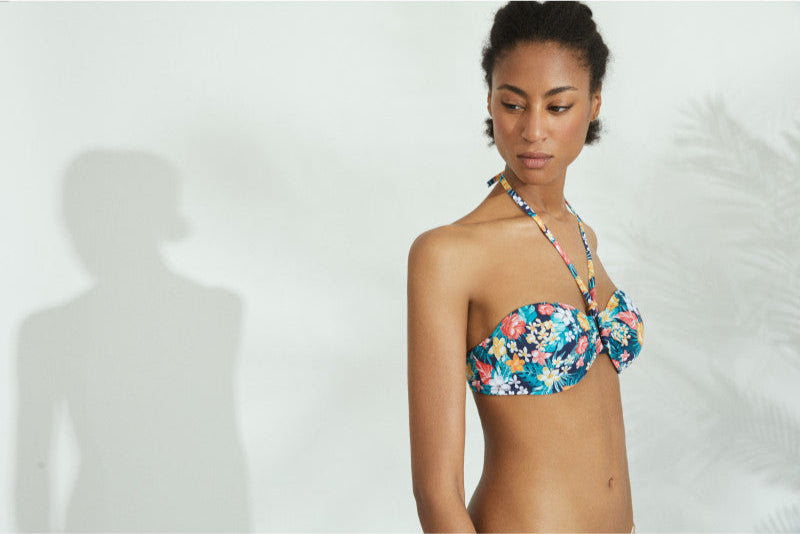 BIKINI BANDEAU PUSH UP NAVY FLOWERS