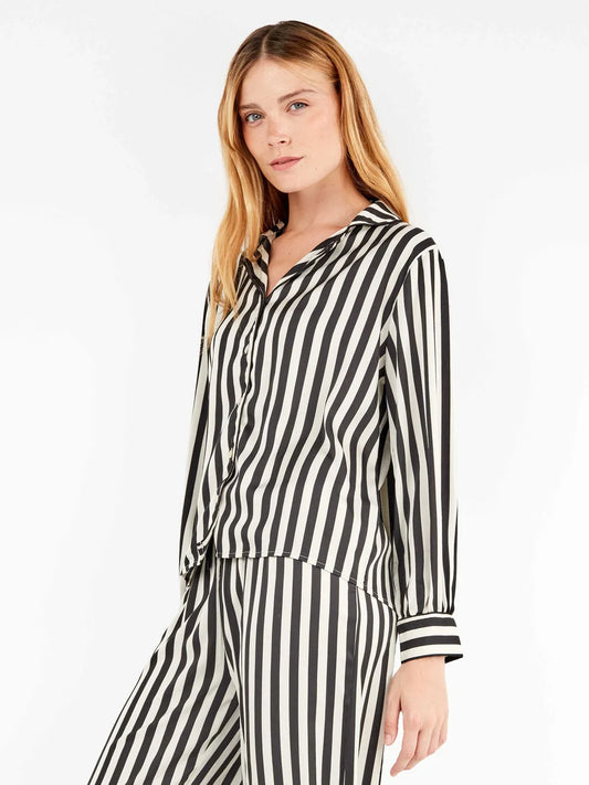PIJAMA ABIERTO MANGA LARGA SATINADO MUJER RAYAS BLACK & WHITE