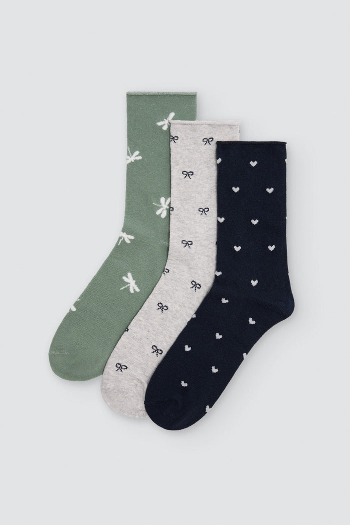 Pack 3 calcetines mujer sin puño lazos libélulas corazones Ysabel Mora