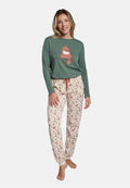 Pijama de mujer manga larga Hello Autumn verde con pantalón estampado