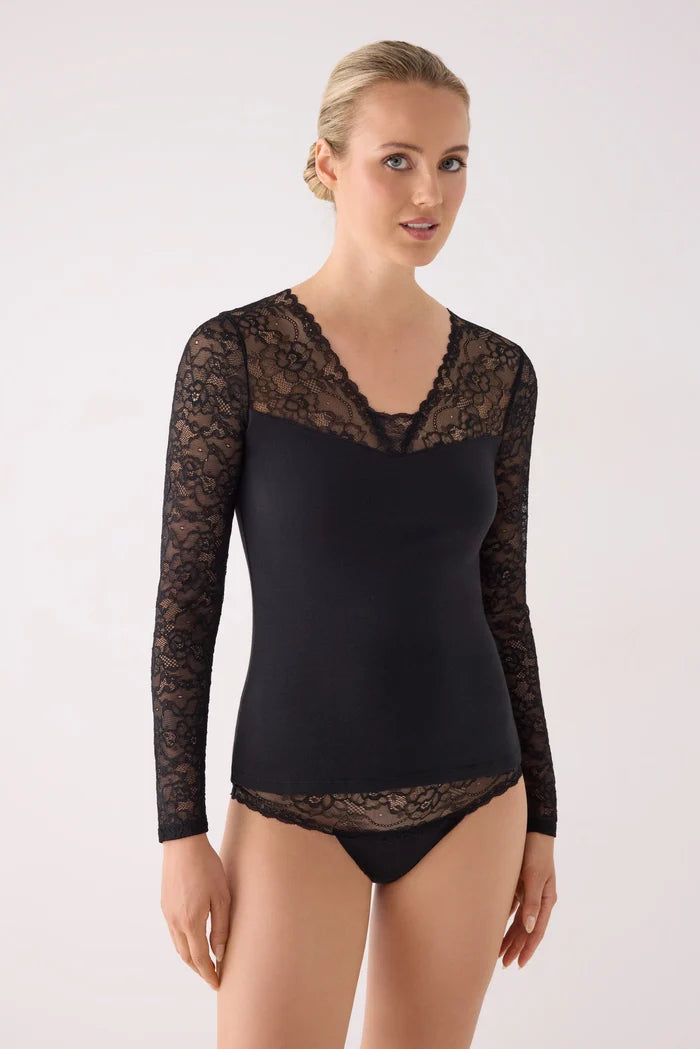 Camiseta interior mujer negra manga larga encaje