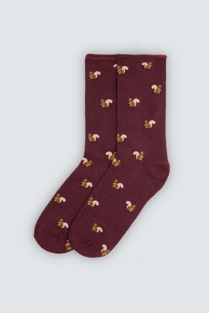 Calcetines hombre sin puño burdeos con ardillas