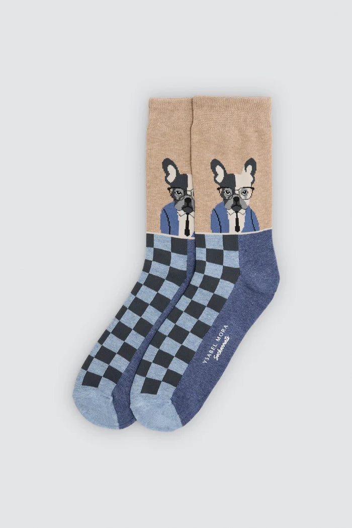 Calcetines hombre Ysabel Mora perro con gafas azul y beige