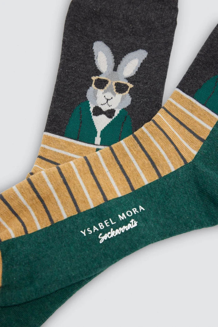 Calcetines hombre Ysabel Mora conejo verde y mostaza