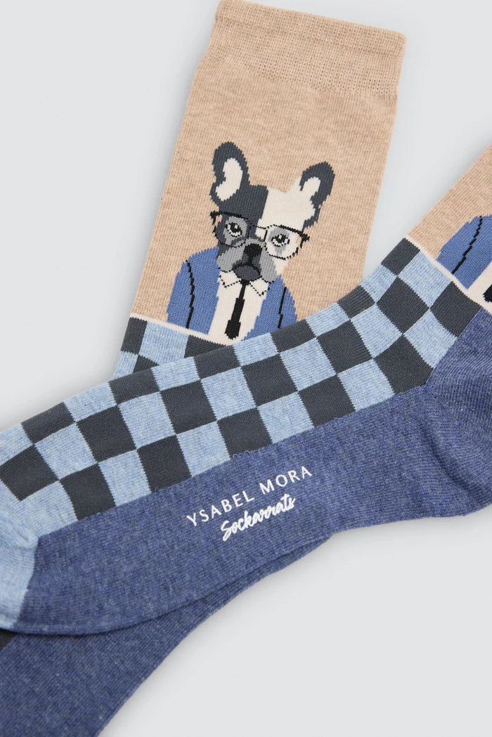 Calcetines hombre Ysabel Mora perro con gafas azul y beige