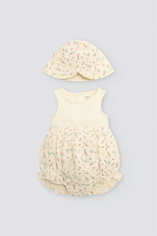 CONJUNTO RANITA DE BEBE CON TIRANTES Y GORRITO