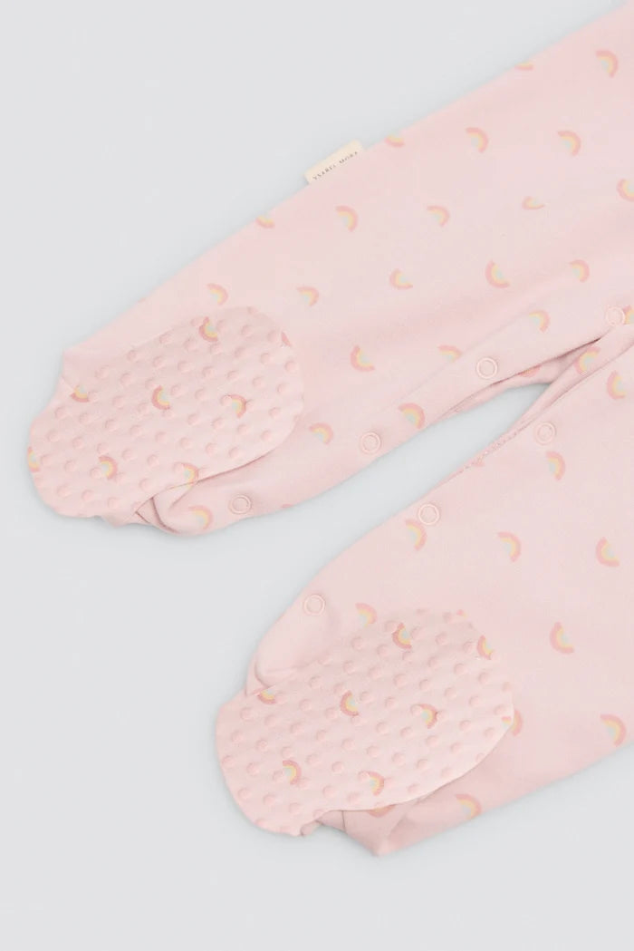 Pelele bebé rosa de algodón afelpado con arcoíris y conejito bordado