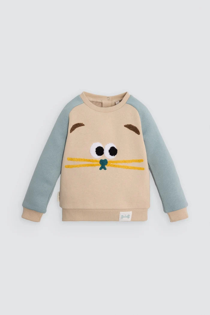 Conjunto de chándal bebé gato beige y azul con huellas en rodillas