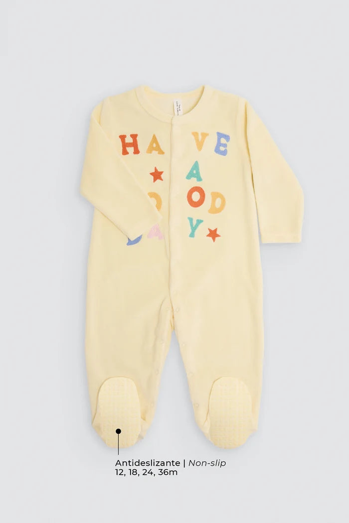 Pelele de terciopelo para bebé amarillo con letras bordadas