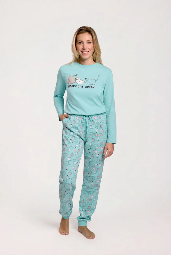 Pijama largo de mujer Happy Cat-urday 100% algodón azul