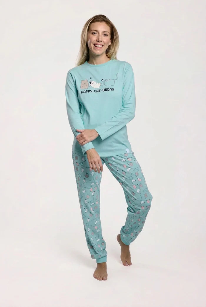 Pijama largo de mujer Happy Cat-urday 100% algodón azul