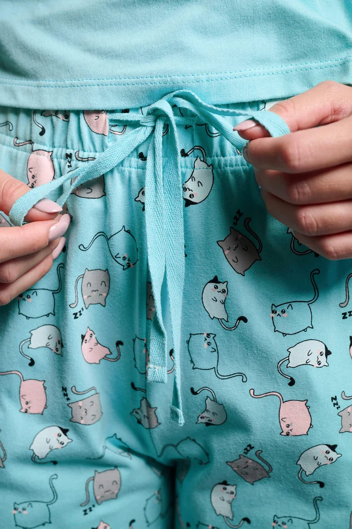 Pijama largo de mujer Happy Cat-urday 100% algodón azul