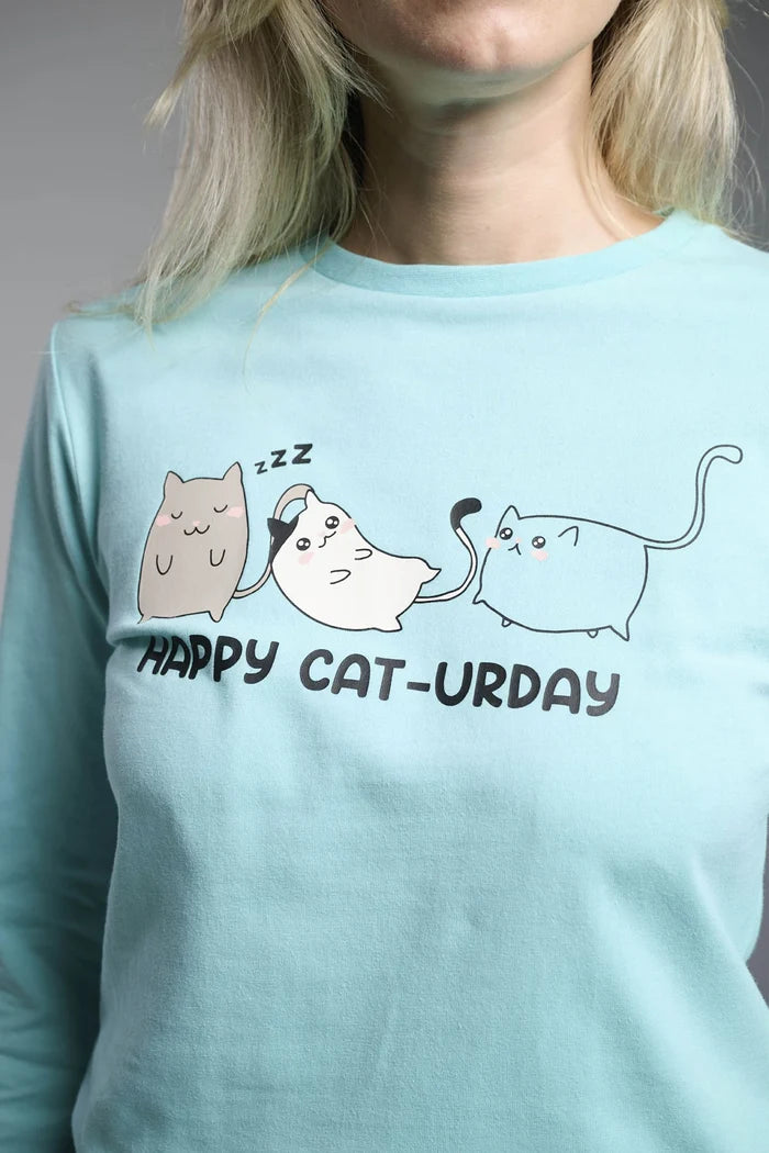 Pijama largo de mujer Happy Cat-urday 100% algodón azul
