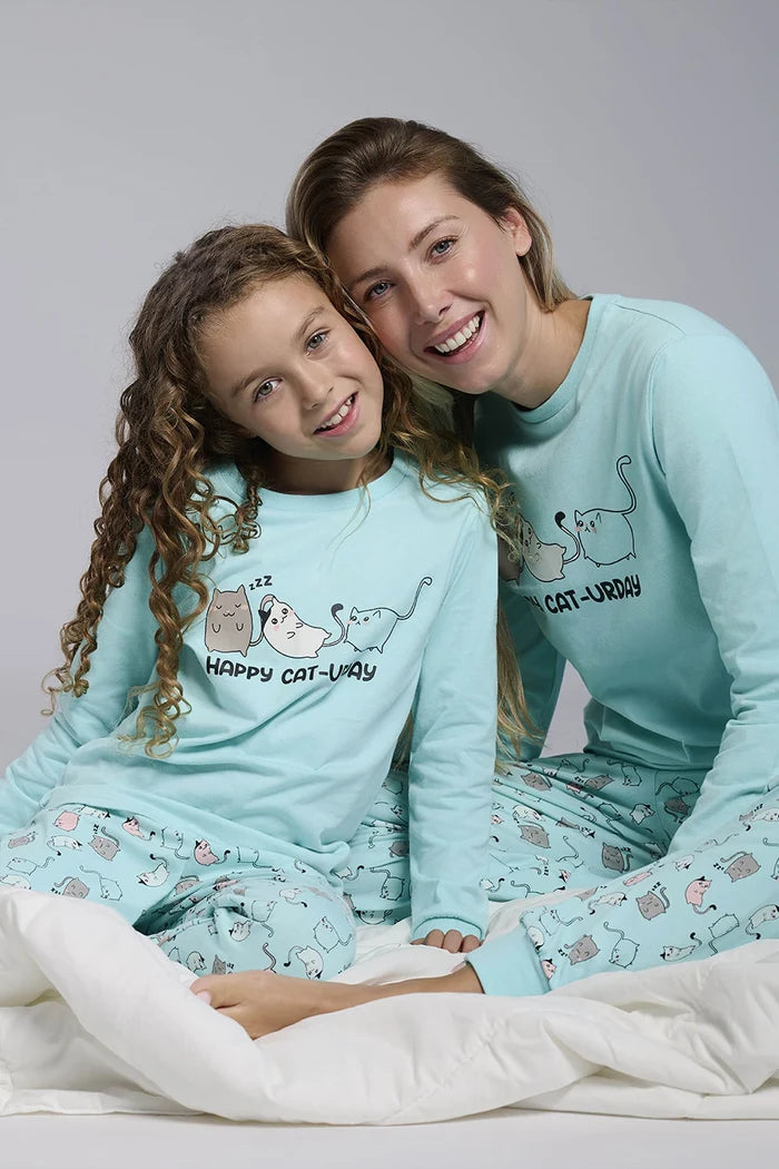 Pijama largo de mujer Happy Cat-urday 100% algodón azul