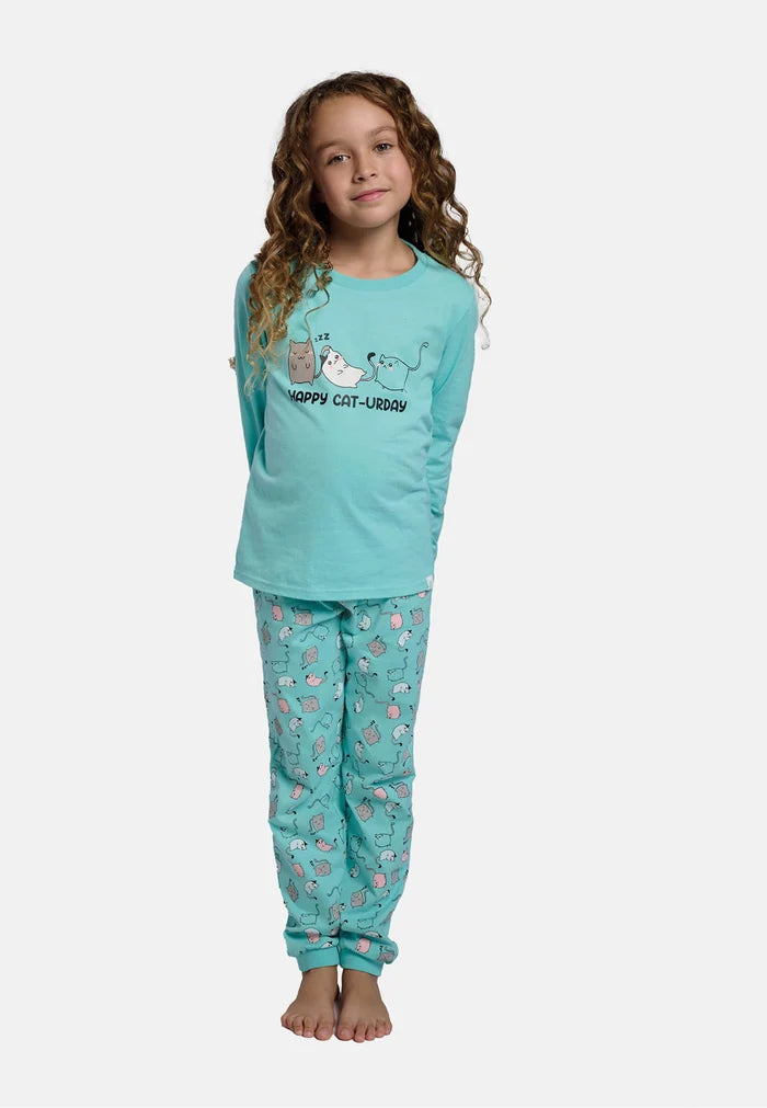 Pijama largo de niña Happy Cat-urday 100% algodón turquesa