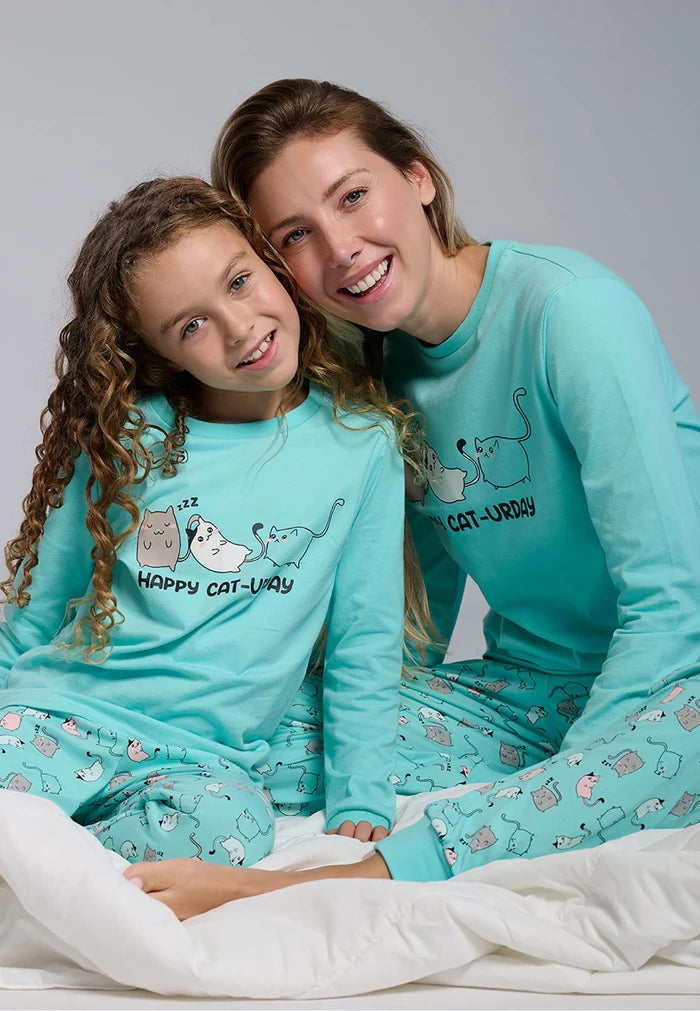 Pijama largo de niña Happy Cat-urday 100% algodón turquesa