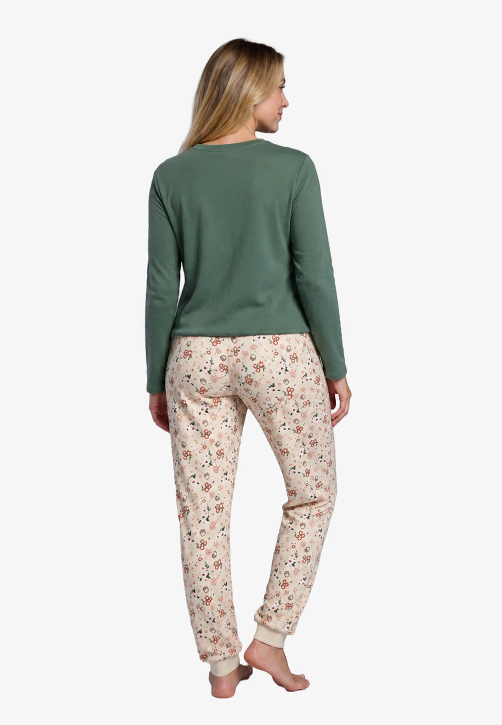Pijama de mujer manga larga Hello Autumn verde con pantalón estampado