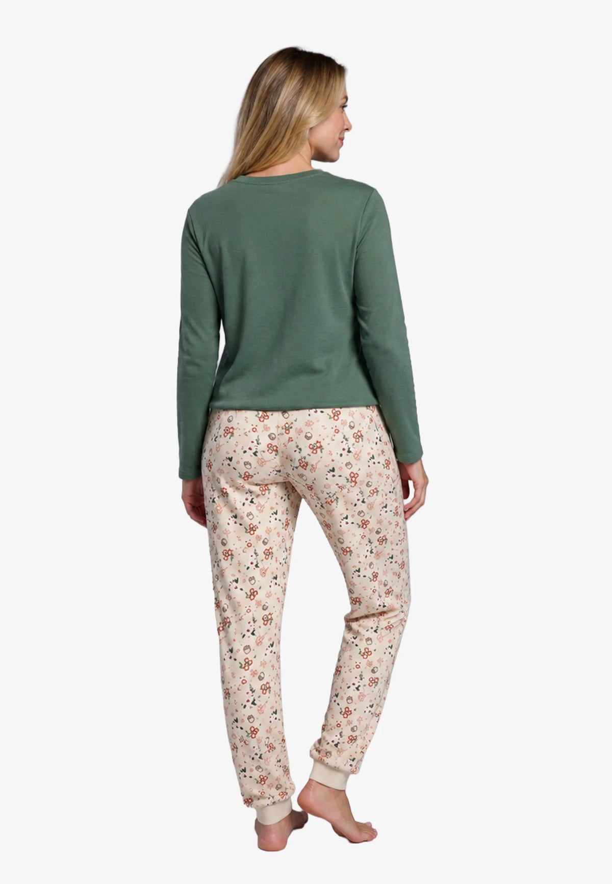 Pijama de mujer manga larga Hello Autumn verde con pantalón estampado