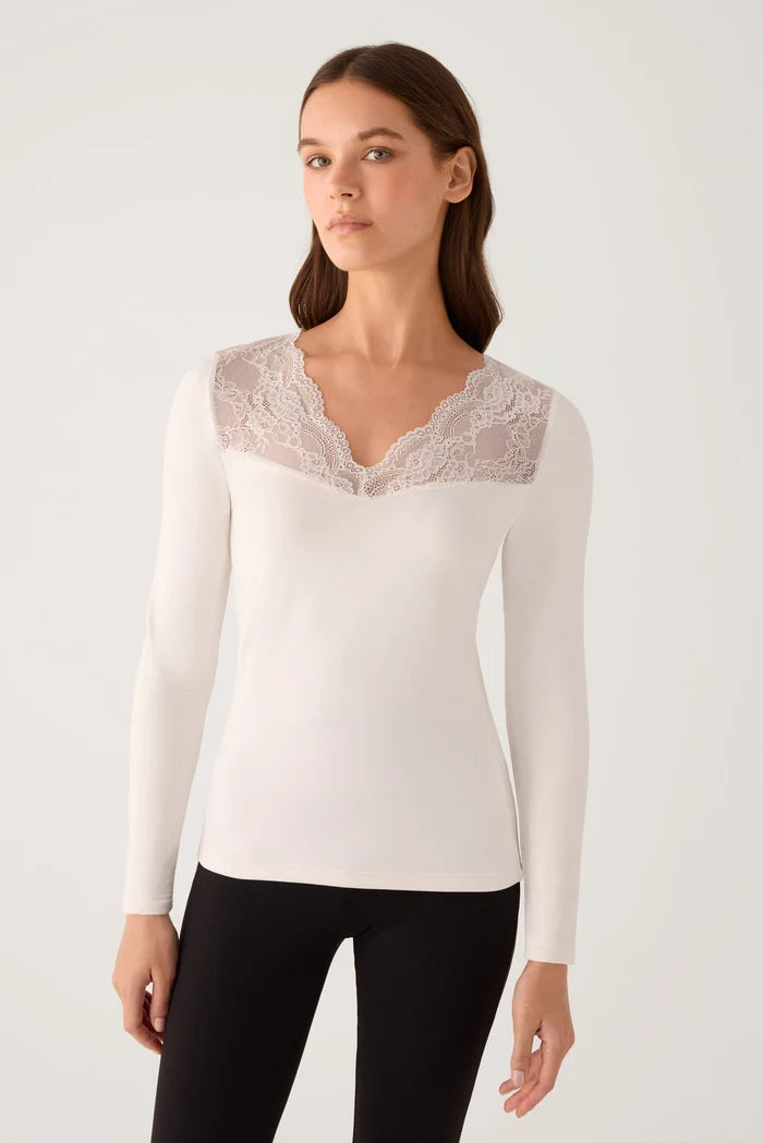 Camiseta térmica de mujer con escote en V y encaje floral