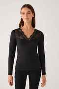 Camiseta térmica de mujer con escote en V y encaje floral