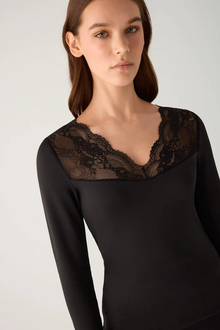 Camiseta térmica de mujer con escote en V y encaje floral
