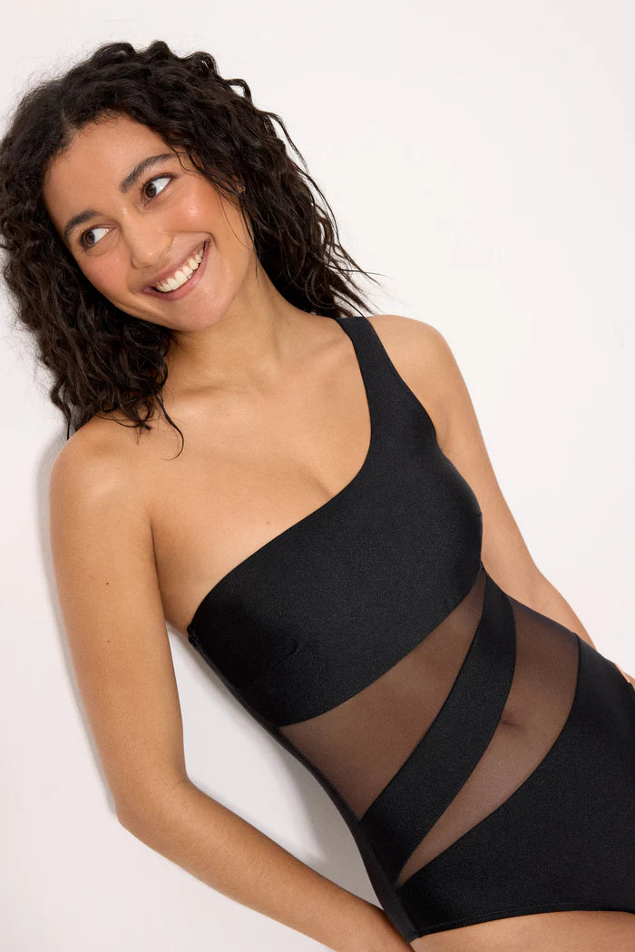 BAÑADOR MUJER NEGRO ASIMETRICO DE TUL CON BRILLO