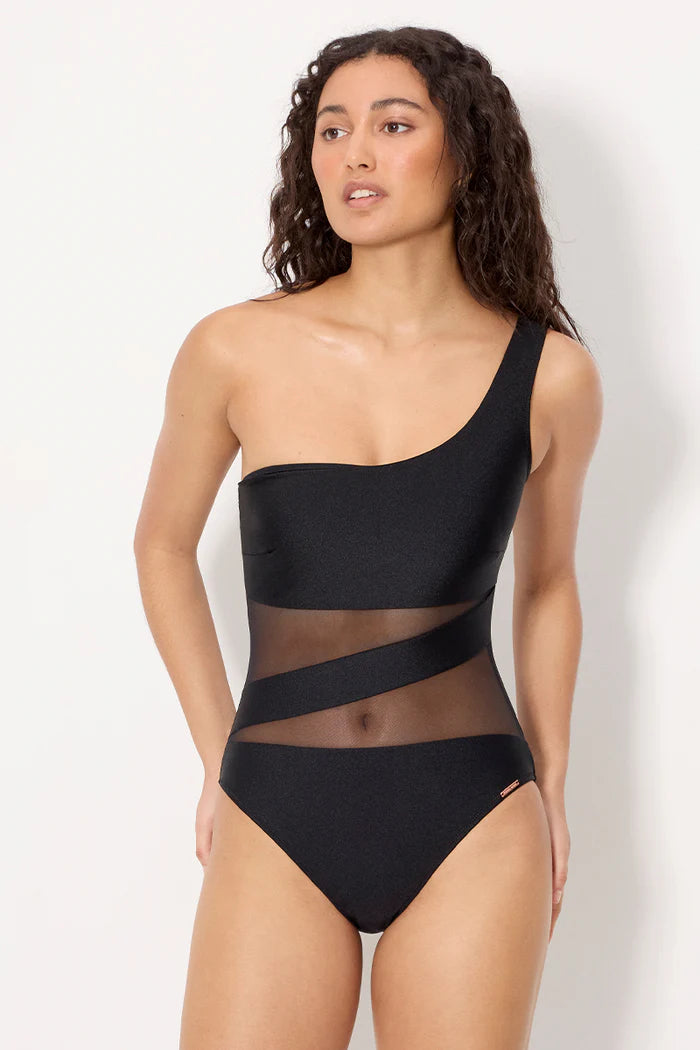 BAÑADOR MUJER NEGRO ASIMETRICO DE TUL CON BRILLO