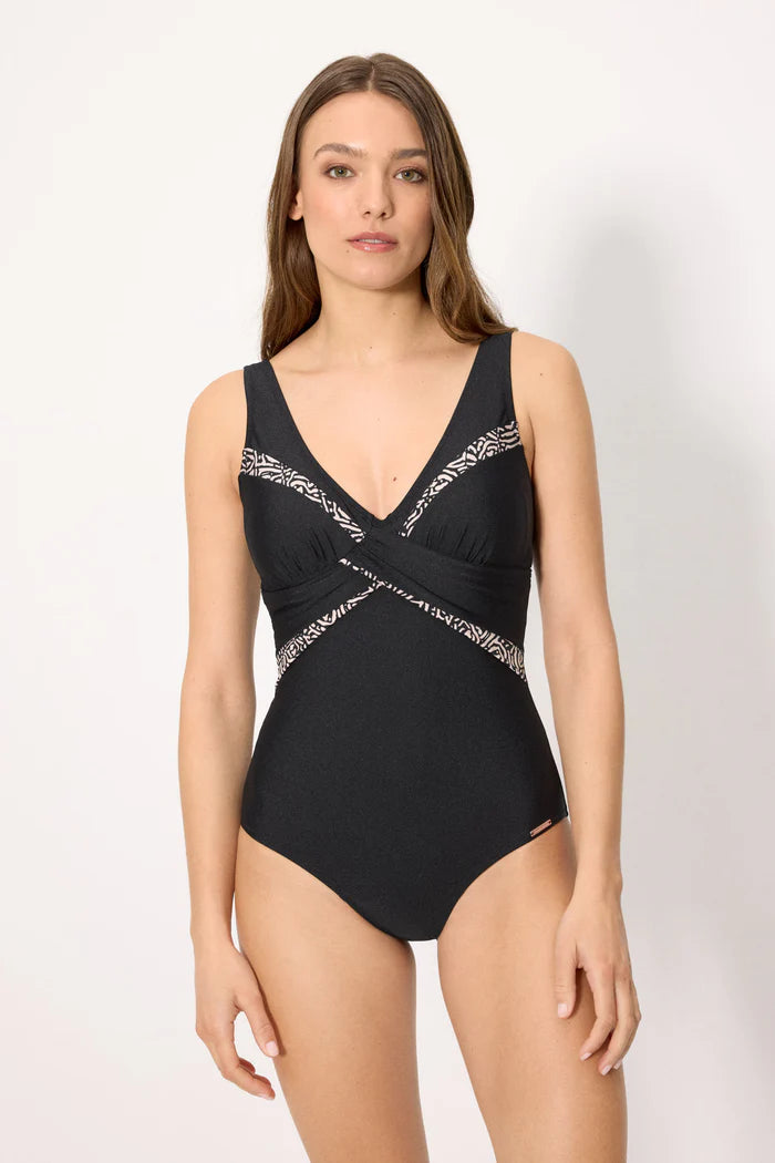 BAÑADOR MUJER REDUCTOR ESTAMPADO BRILLO NEGRO