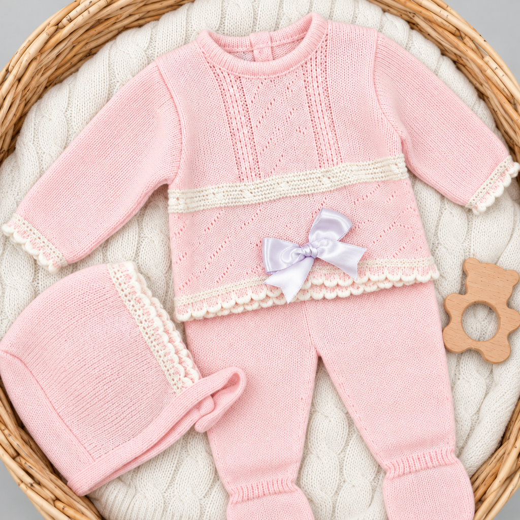 Conjunto de lana bebé La Casita de Pepito 3 piezas rosa
