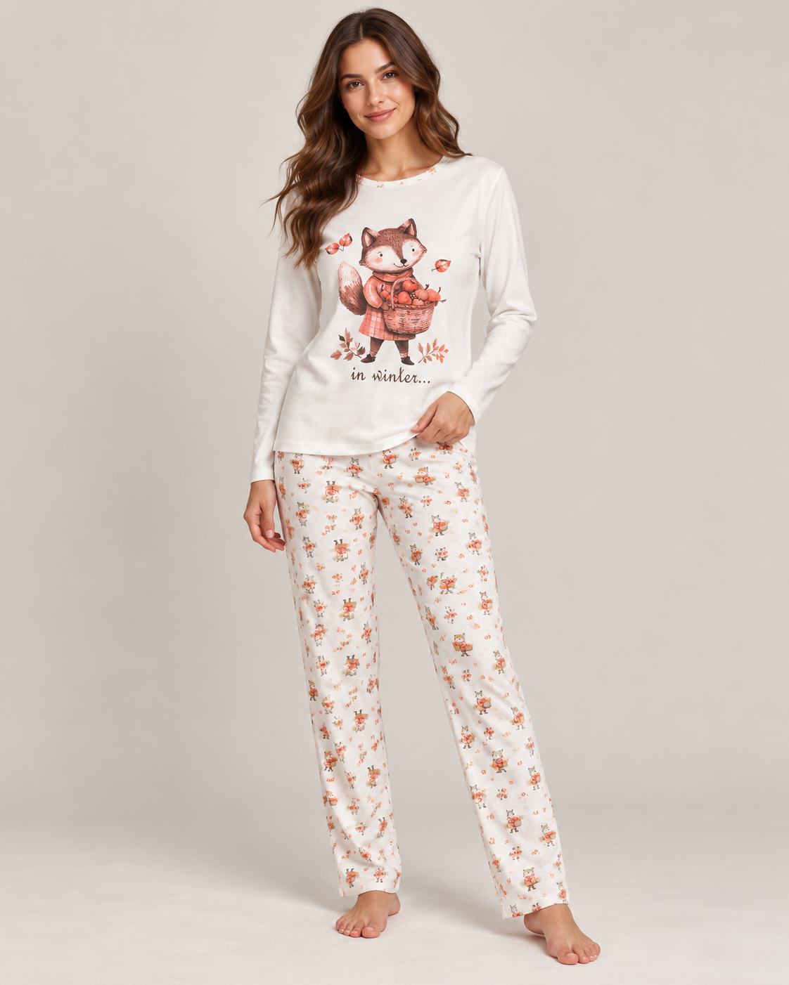 Pijama de mujer 100% algodón con estampado de zorro