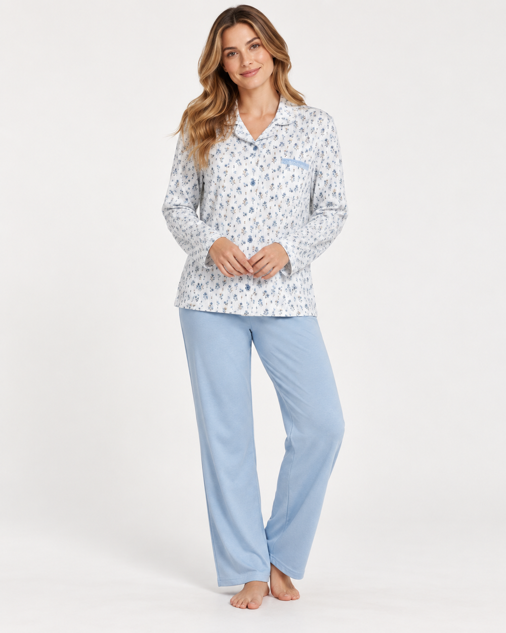 Pijama de mujer 100% algodón camisero floral azul
