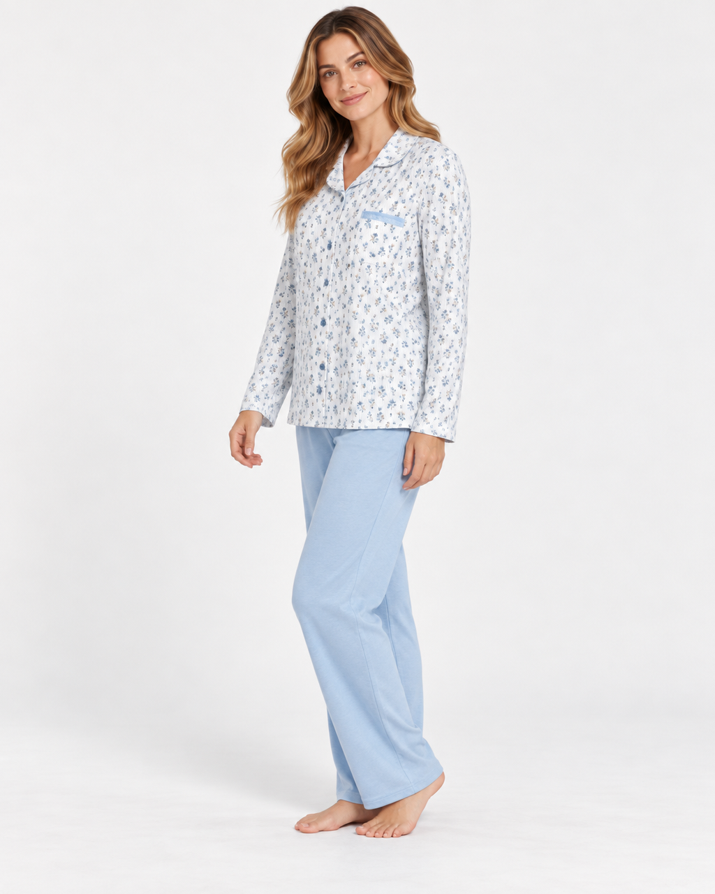 Pijama de mujer 100% algodón camisero floral azul