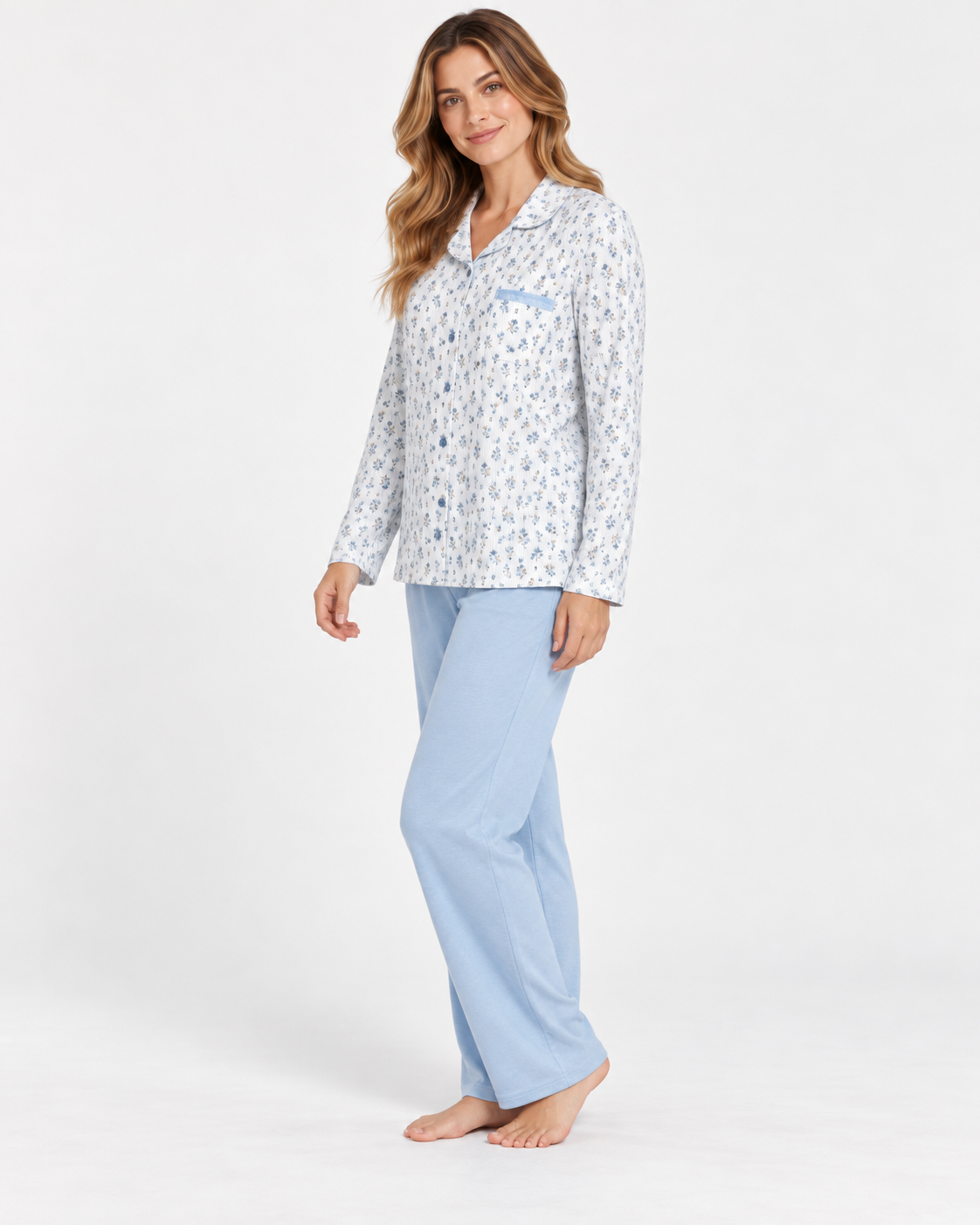 Pijama de mujer 100% algodón camisero floral azul