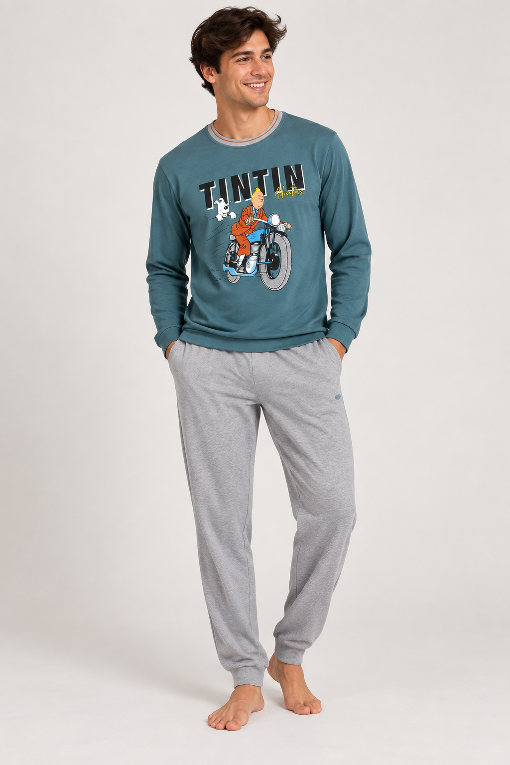 Pijama de hombre Tintín azul petróleo y gris