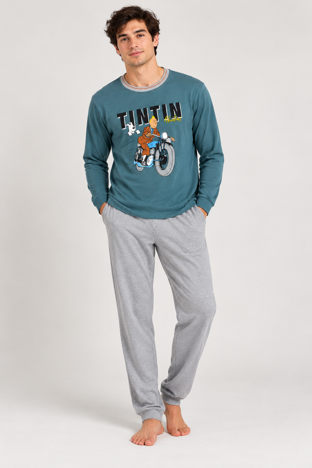 Pijama de hombre Tintín azul petróleo y gris
