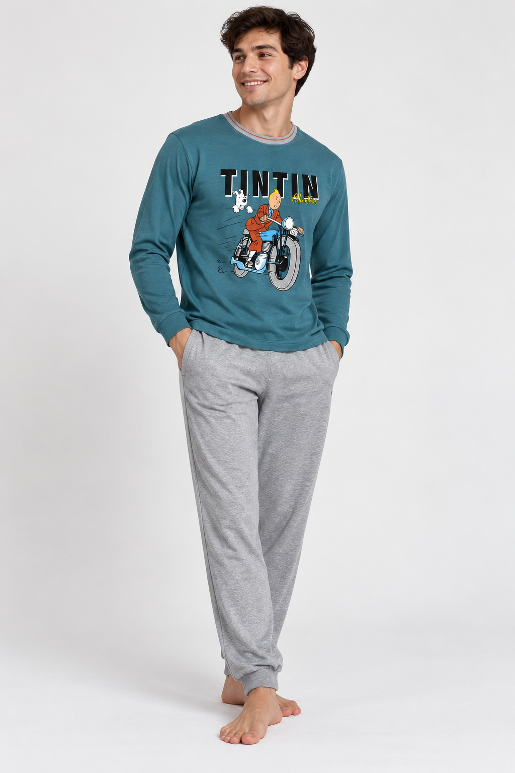 Pijama de hombre Tintín azul petróleo y gris