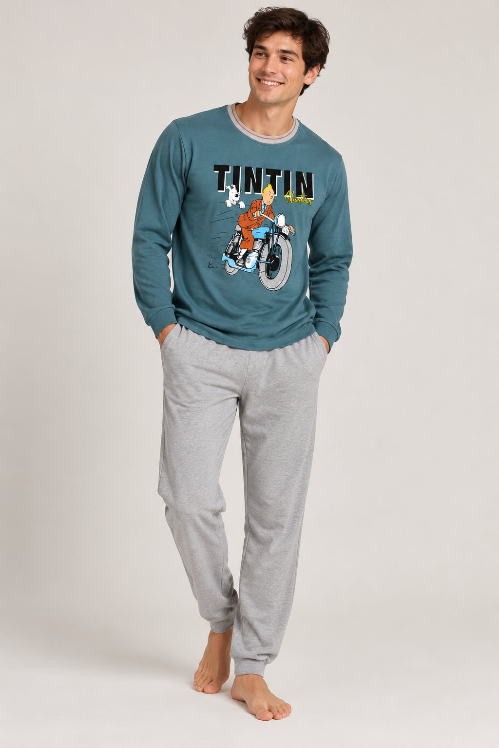 Pijama de hombre Tintín azul petróleo y gris