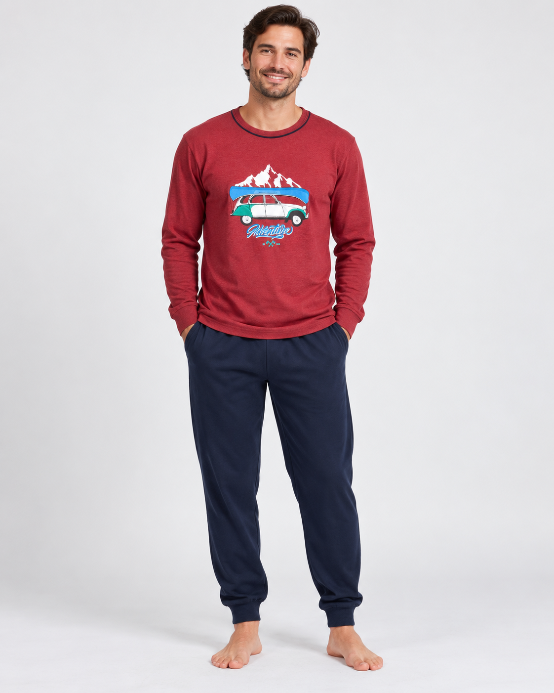 Pijama de hombre Adventure rojo y azul marino