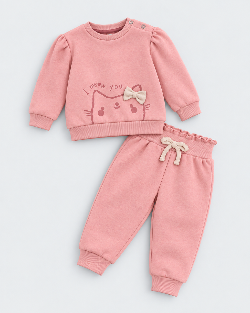 Conjunto bebé niña Ysabel Mora rosa afelpado con gatito y lazo