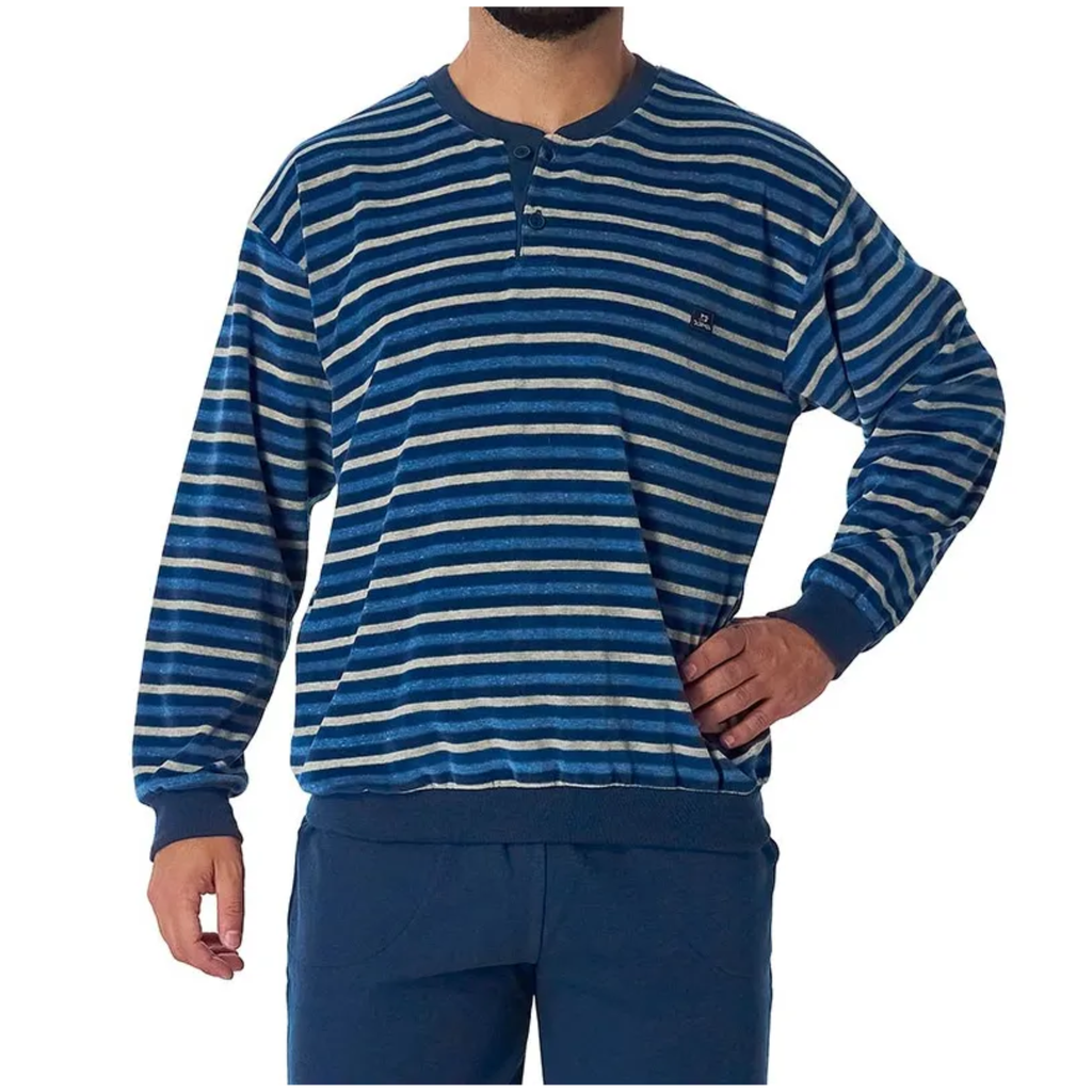 PIJAMA MANGA LARGA HOMBRE TEJIDO AFELPADO A RAYAS