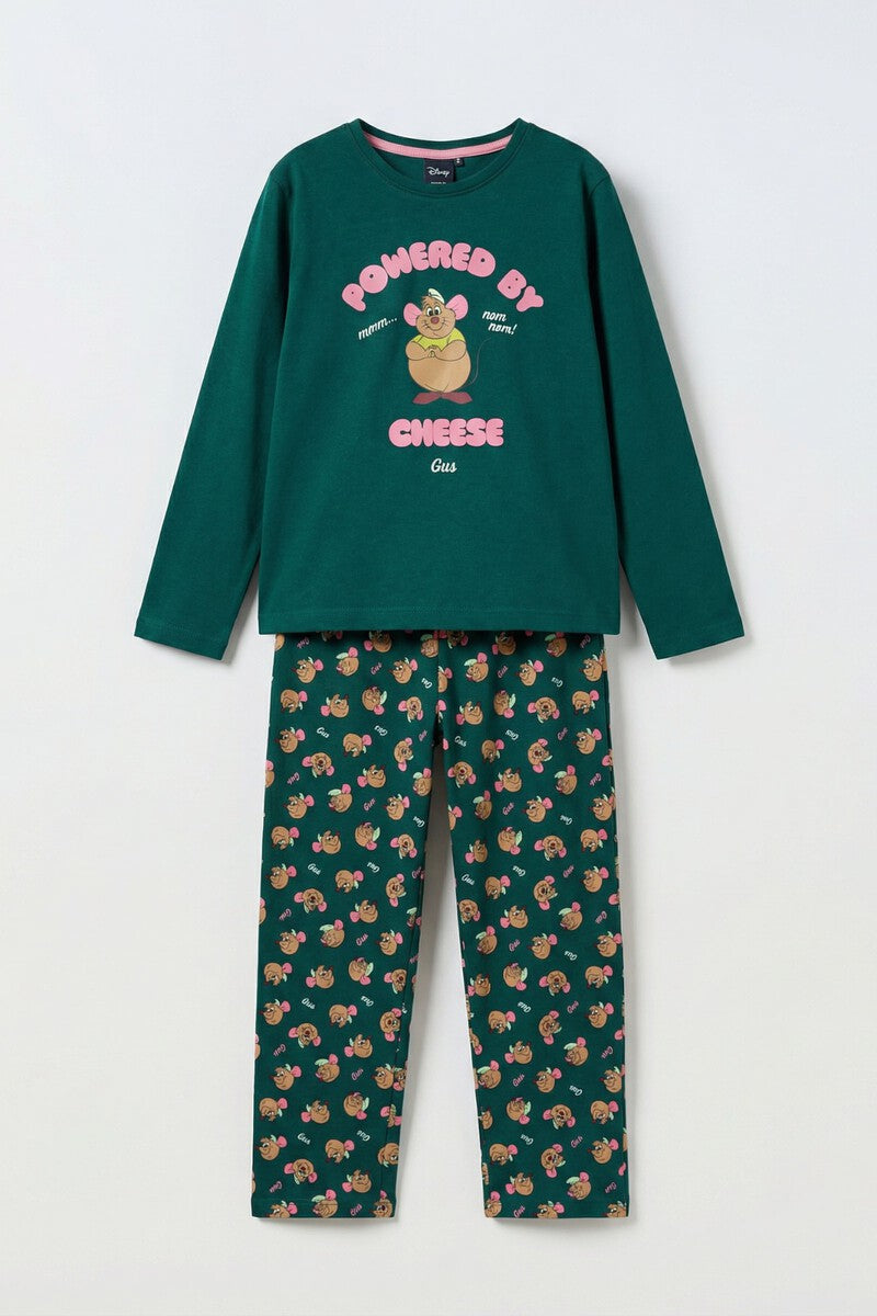 Pijama de niña Disney Gus Gus Cheese de algodón verde manga larga