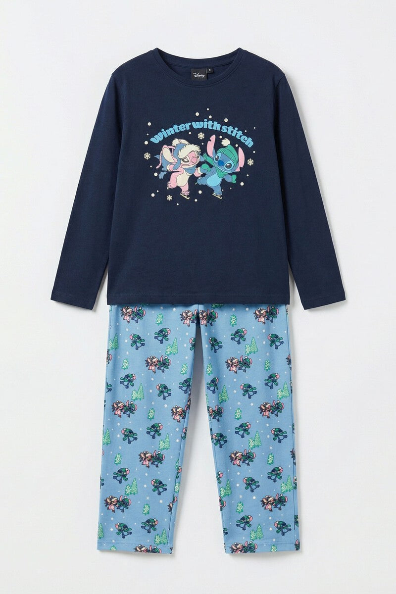 Pijama de niño Disney Winter with Stitch de manga larga azul marino