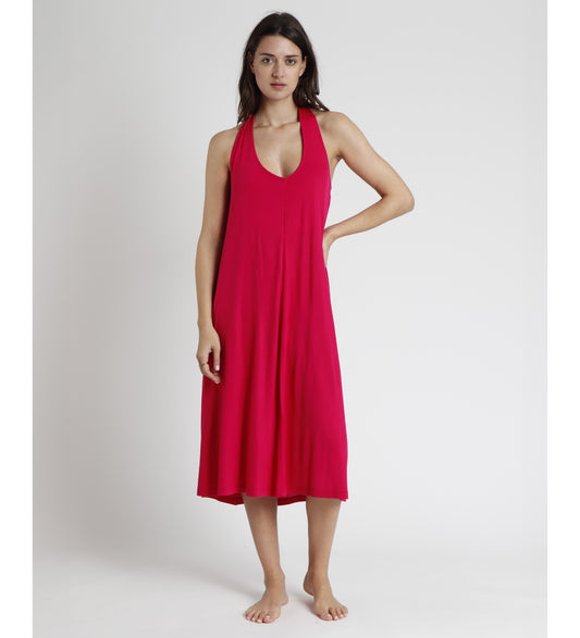 VESTIDO MIDI ANUDADO AL CUELLO BASIC FUCSIA