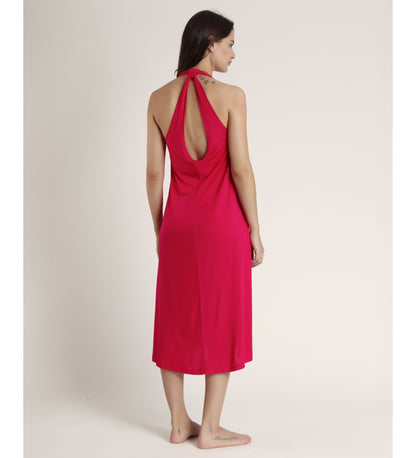 VESTIDO MIDI ANUDADO AL CUELLO BASIC FUCSIA