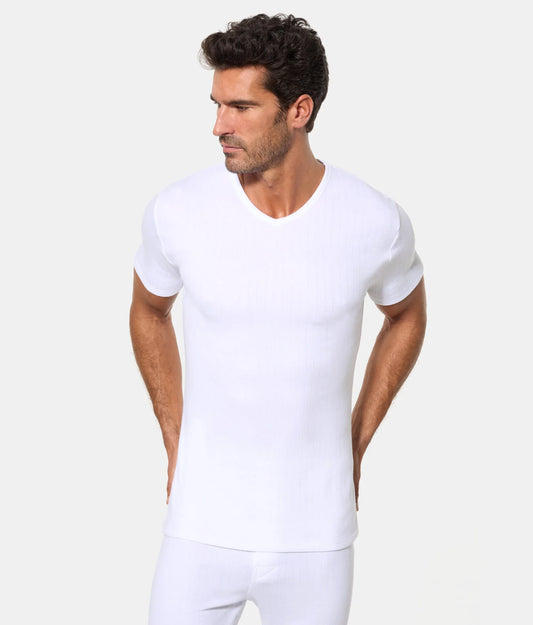 CAMISETA INTERIOR TÉRMICA M/C CUELLO V HOMBRE ALGODÓN DE INVIERNO 100% INTERLOCK DESAGUJADO.