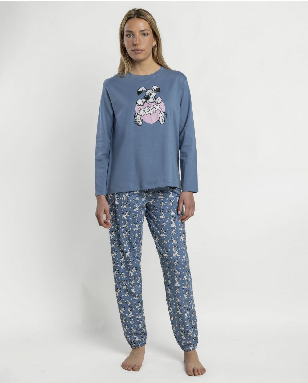 Pijama Mujer Astérix Idéfix Azul Manga Larga 100% Algodón