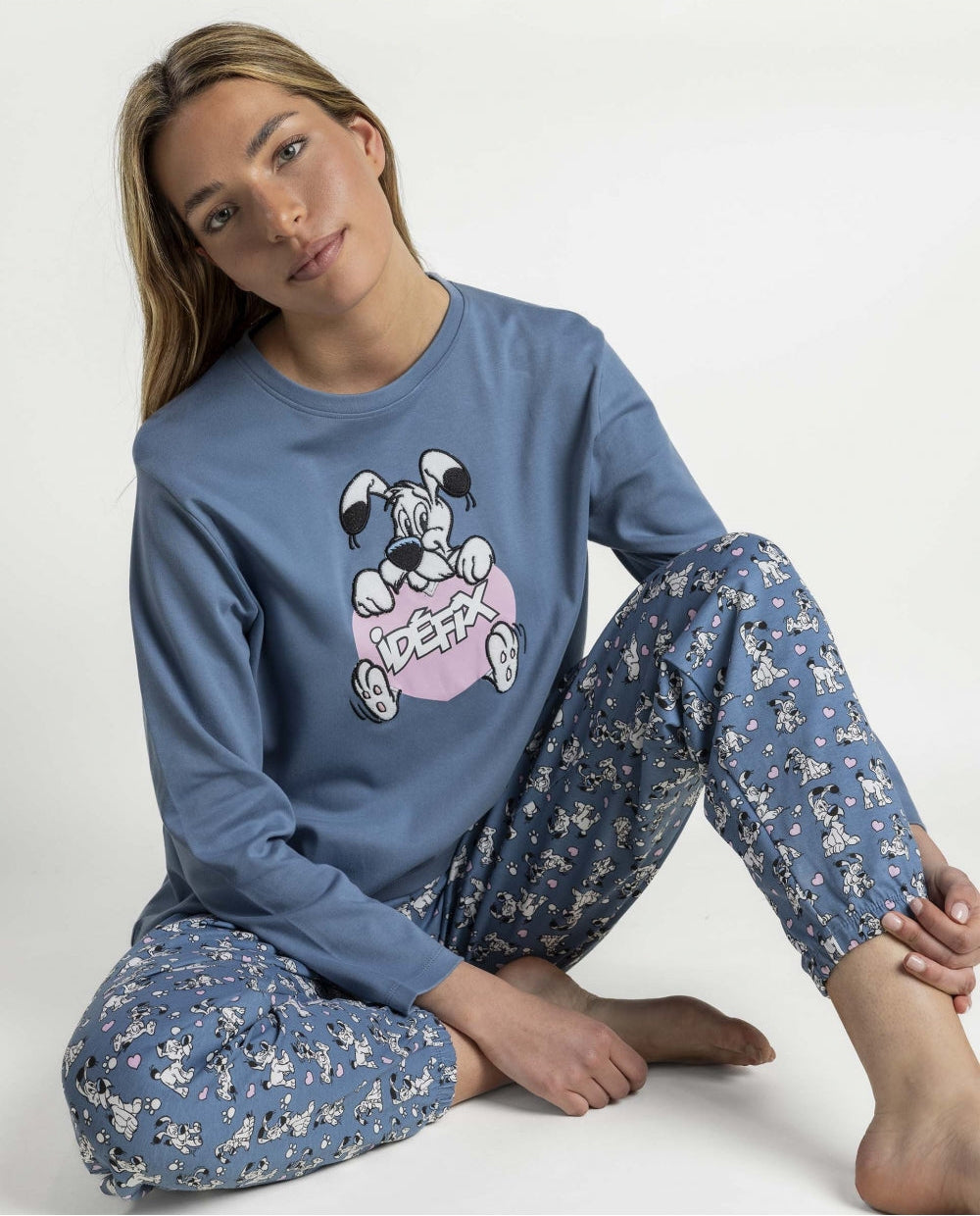 Pijama Mujer Astérix Idéfix Azul Manga Larga 100% Algodón